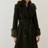 Wholesale * Budget Karen Millen Italian Virgin Wool Faux Fur Collar And Cuff Belted Wrap Coat Khaki