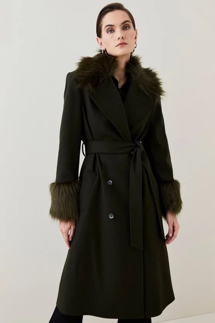 Wholesale * Budget Karen Millen Italian Virgin Wool Faux Fur Collar And Cuff Belted Wrap Coat Khaki