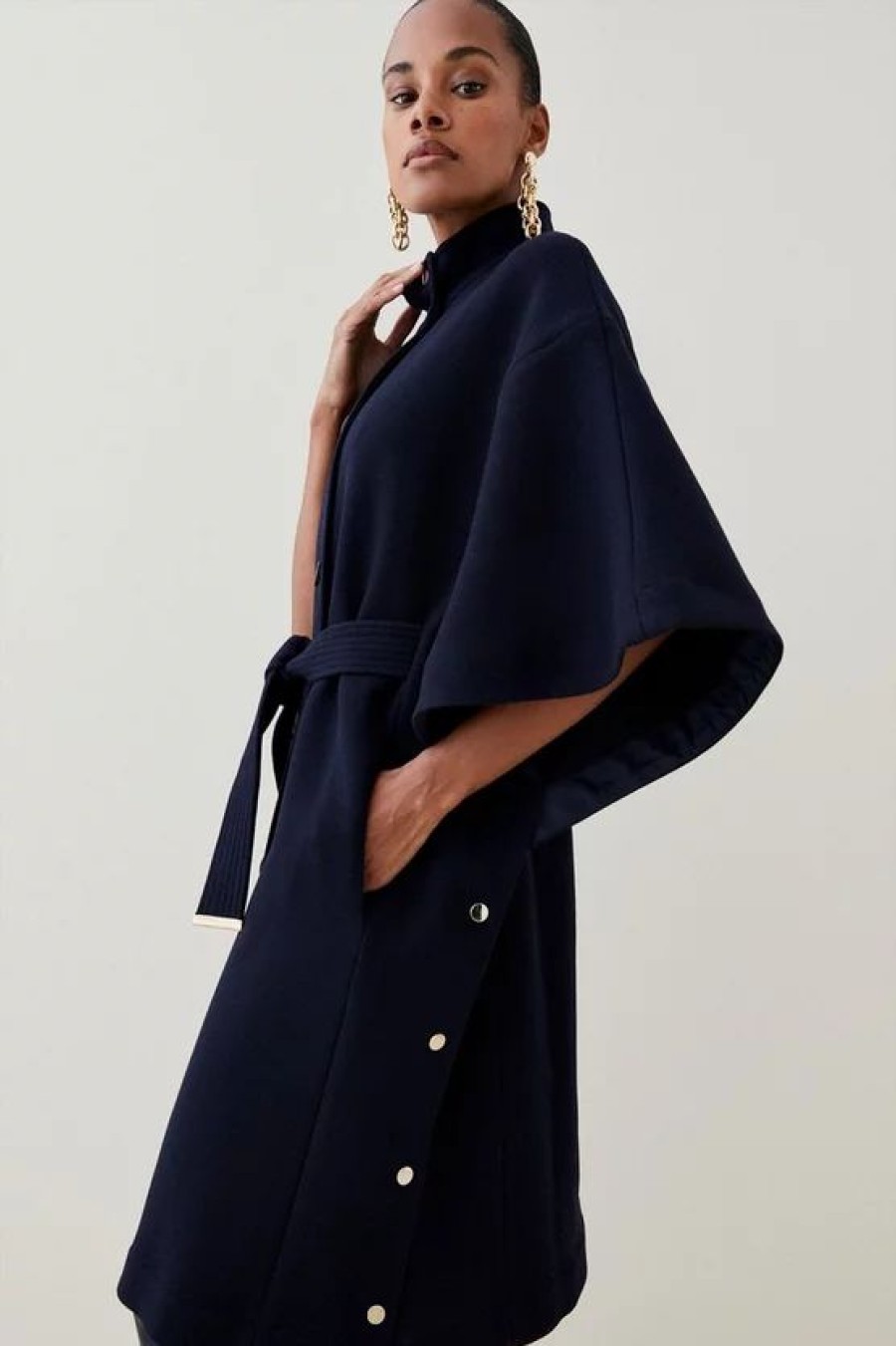 Online * Hot Sale Karen Millen Italian Wool Blend Funnel Collar Cape Coat Navy