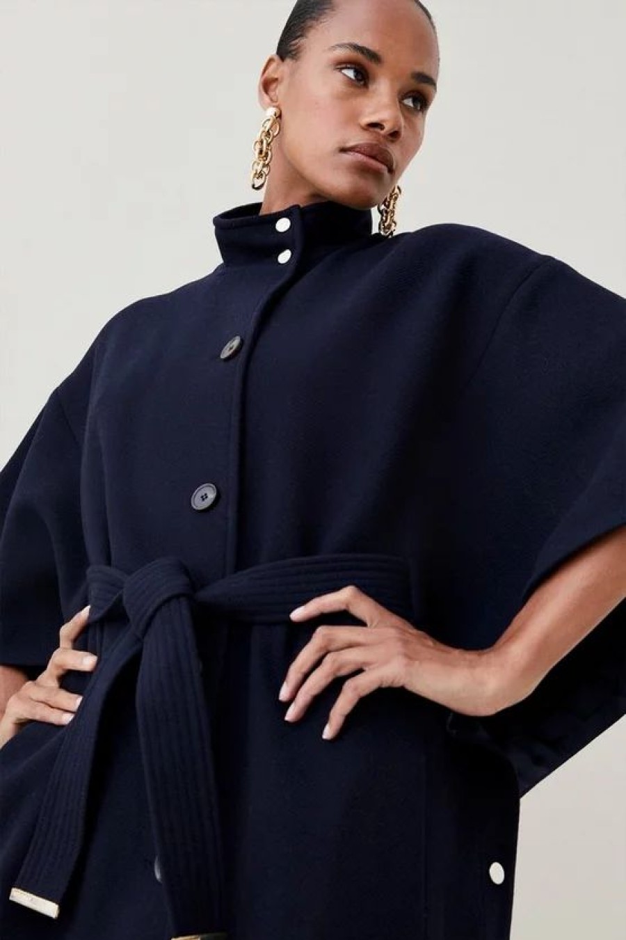 Online * Hot Sale Karen Millen Italian Wool Blend Funnel Collar Cape Coat Navy