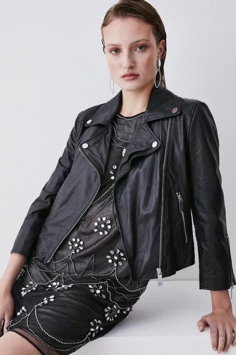 Hot * Buy Karen Millen Washed Shrunken Leather Biker Jacket