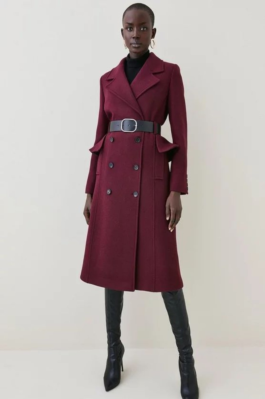 New * Cheapest Karen Millen Italian Wool Belted Midi Peplum Coat Fig