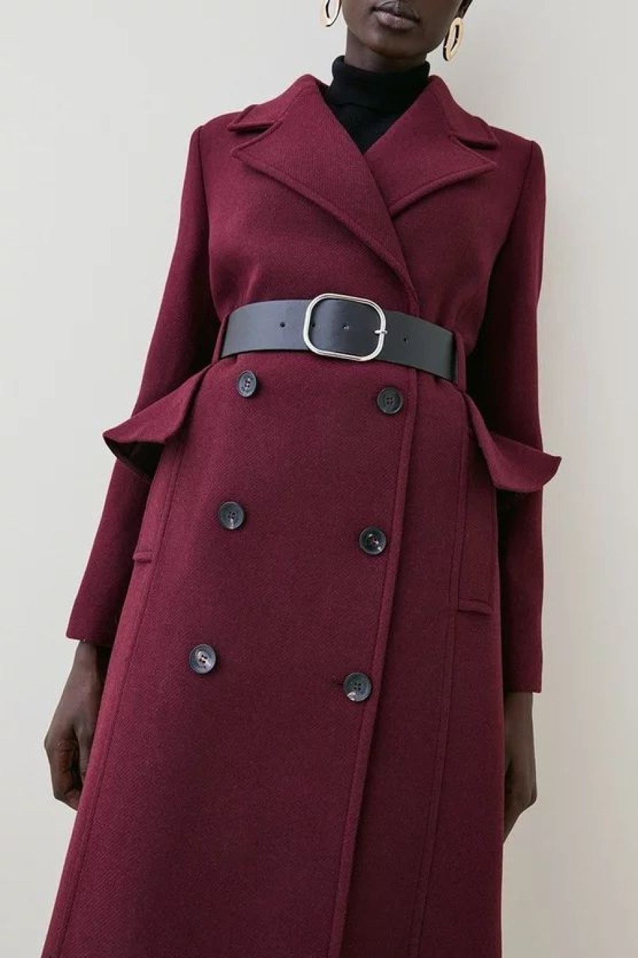 New * Cheapest Karen Millen Italian Wool Belted Midi Peplum Coat Fig