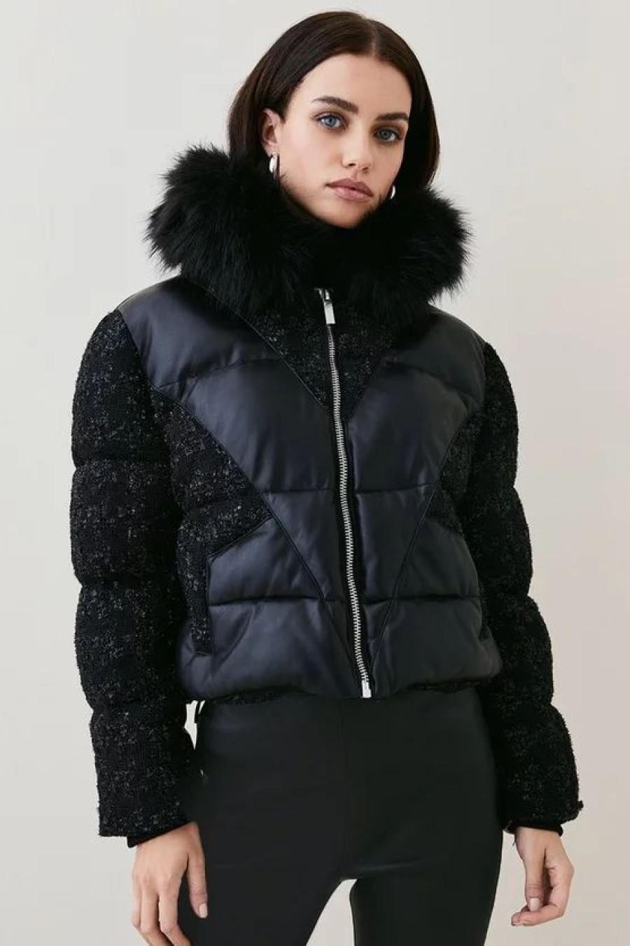 Best * Cheapest Karen Millen Petite Contrast Pu Boucle Puffer Jacket Black