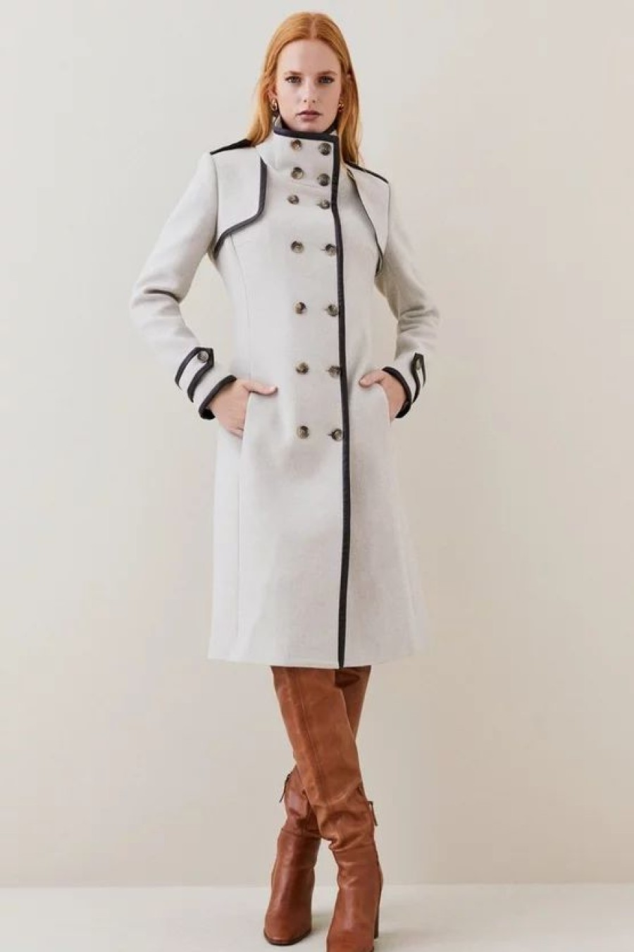 Clearance * Discount Karen Millen Italian Wool Funnel Neck Coat Oatmeal