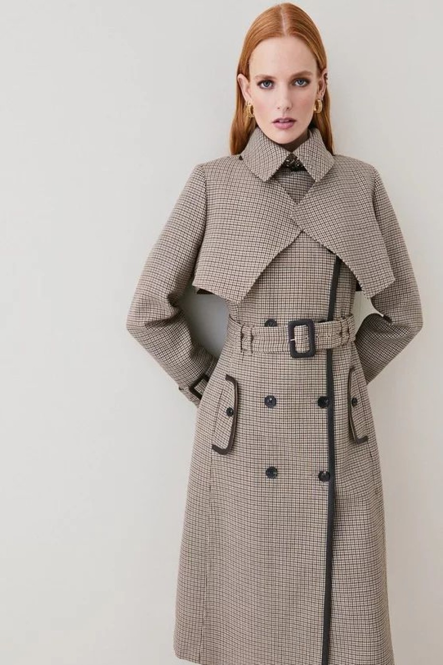 Hot * Deals Karen Millen Wool Check Tailored Trench Coat Multi