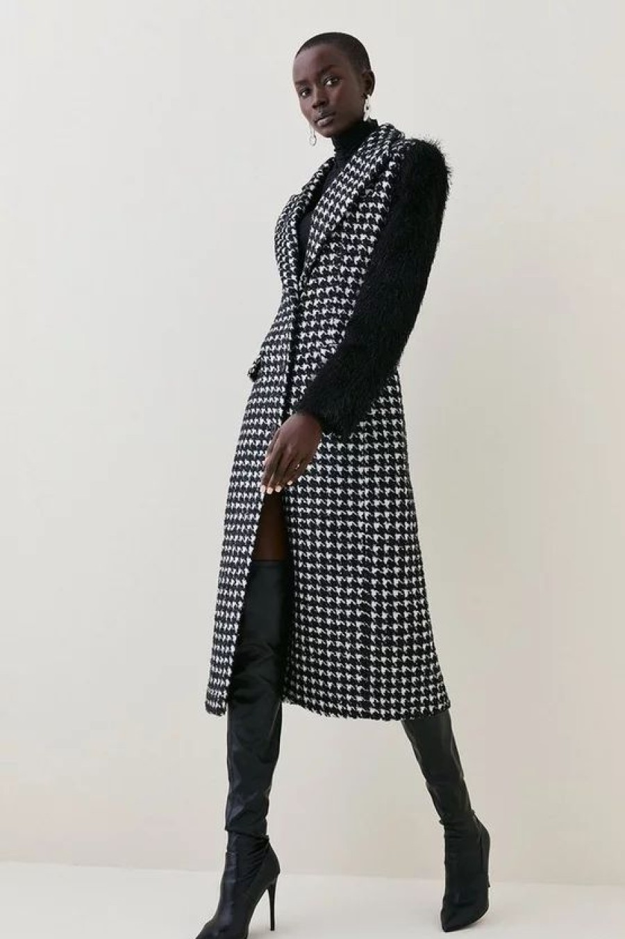 Best * Coupon Karen Millen Dogtooth Tweed & Tassle Sleeve Single Breasted Coat Mono