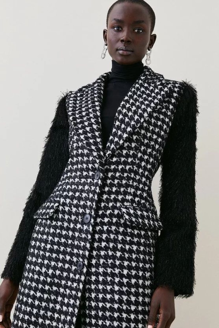 Best * Coupon Karen Millen Dogtooth Tweed & Tassle Sleeve Single Breasted Coat Mono