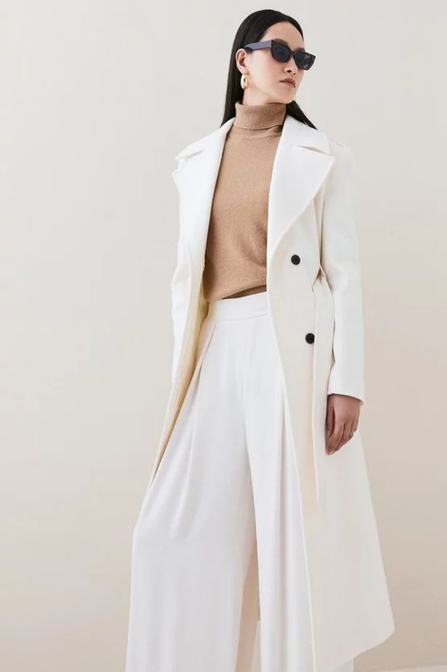 Clearance * Flash Sale Karen Millen Italian Luxe Finish Wool Cashmere Blend Strong Shoulder Coat Ivory