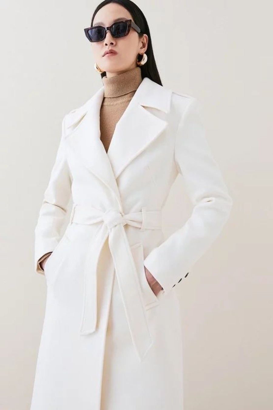 Clearance * Flash Sale Karen Millen Italian Luxe Finish Wool Cashmere Blend Strong Shoulder Coat Ivory