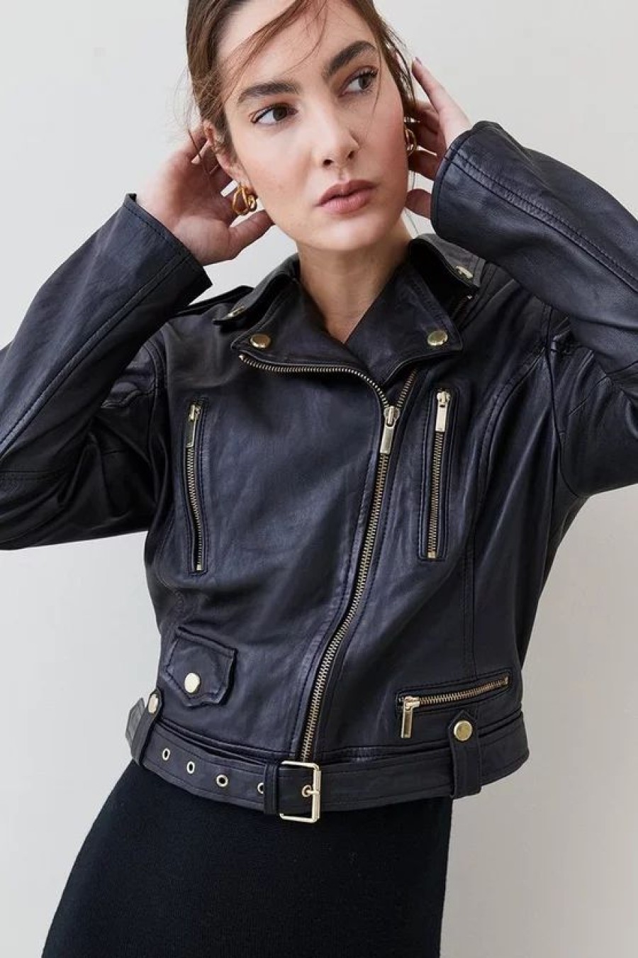 New * Hot Sale Karen Millen Leather Oversize Crop Washed Biker Jacket Black