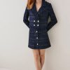 New * Cheap Karen Millen Tweed Gold Button Cropped Frayed Edge Jacket Navy