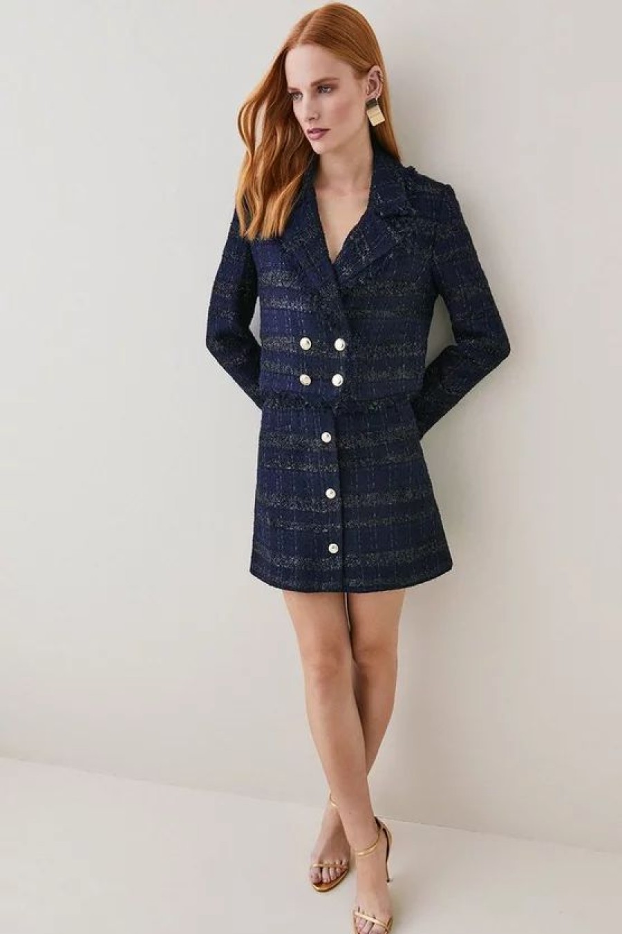 New * Cheap Karen Millen Tweed Gold Button Cropped Frayed Edge Jacket Navy