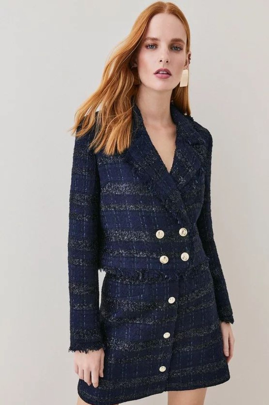 New * Cheap Karen Millen Tweed Gold Button Cropped Frayed Edge Jacket Navy