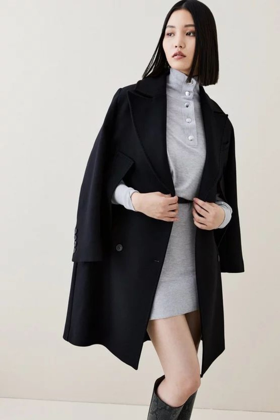 Best * Flash Sale Karen Millen Italian Virgin Wool Double Breasted Cape Over Coat Black