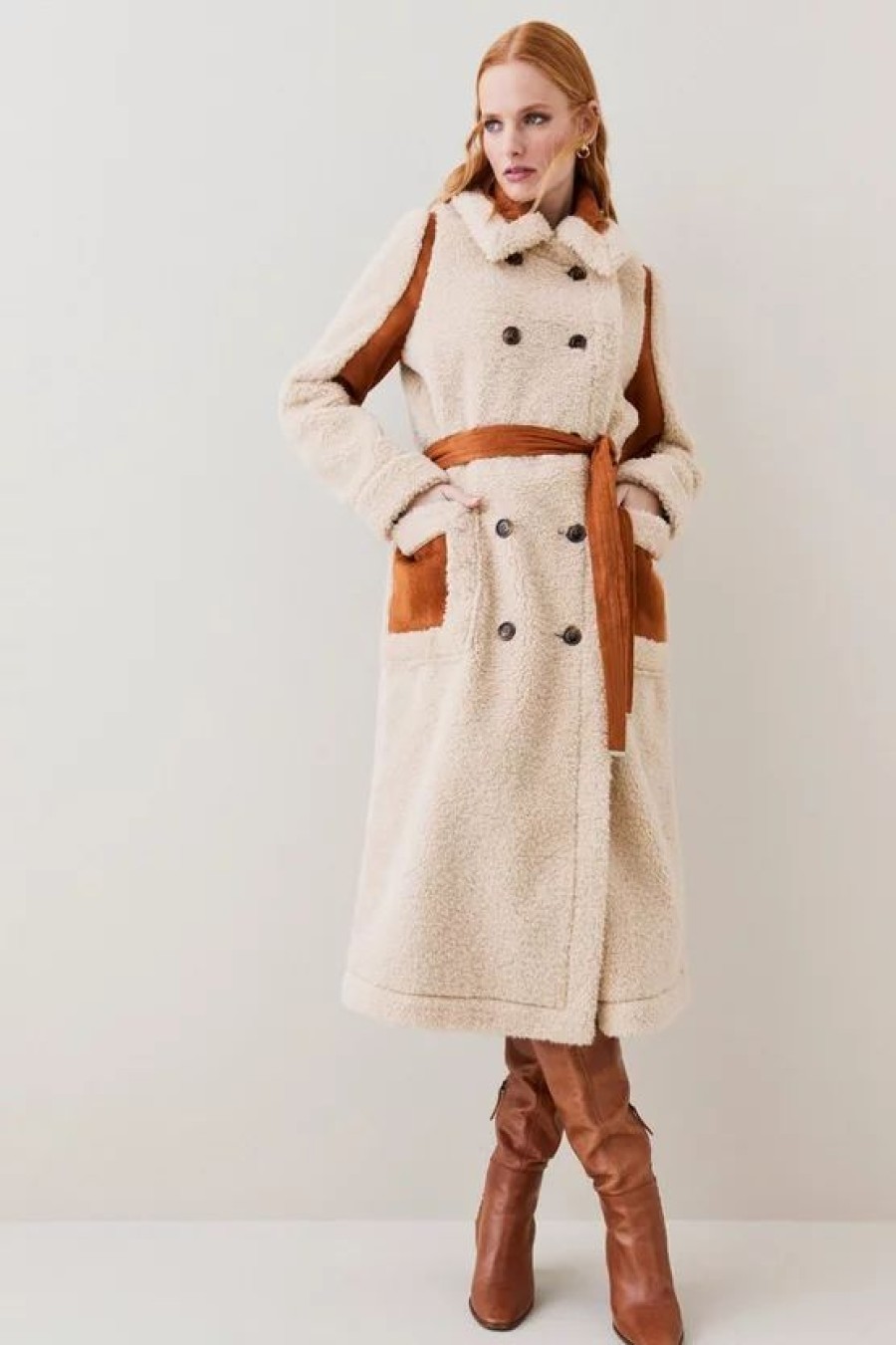 Best * Best Pirce Karen Millen Petite Longline Db Faux Shearling Belted Coat Cream