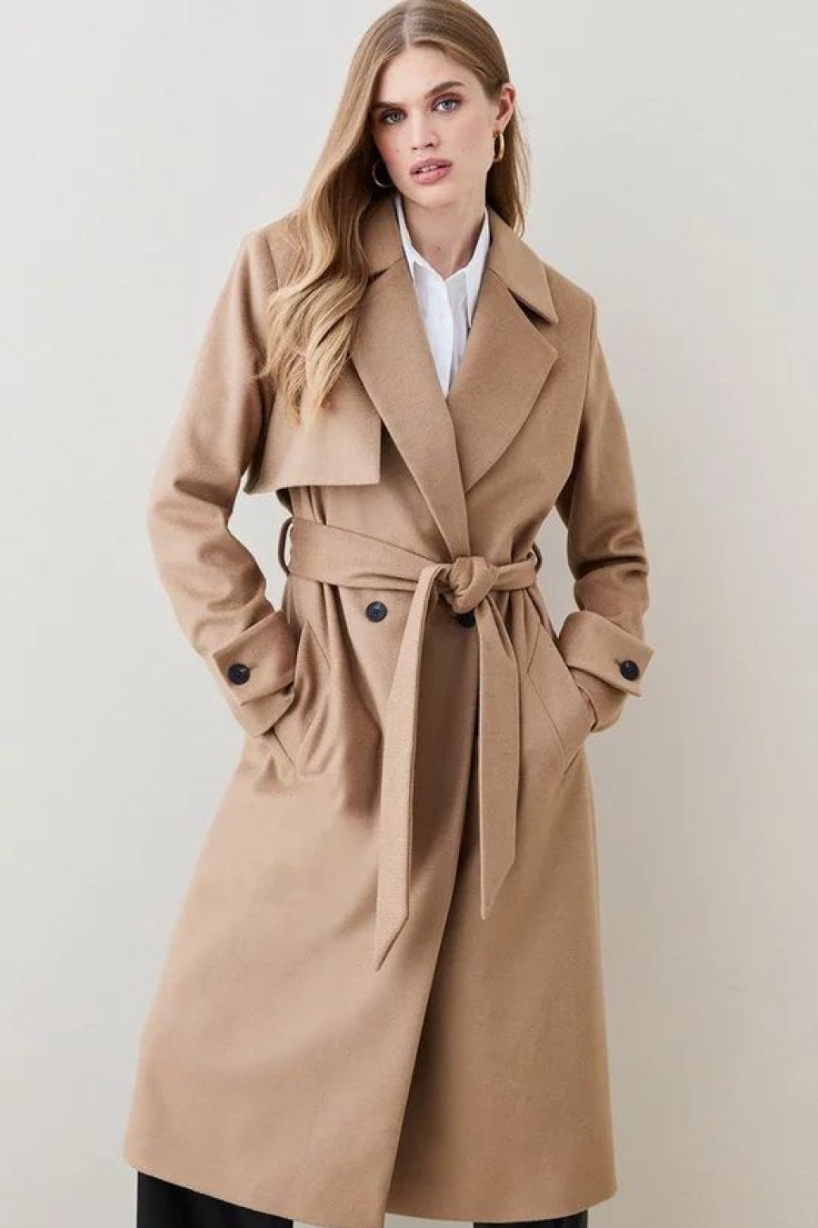 Hot * Best Pirce Karen Millen Petite Italian Luxurious Textured Wool Luxe Belted Trench Coat Camel