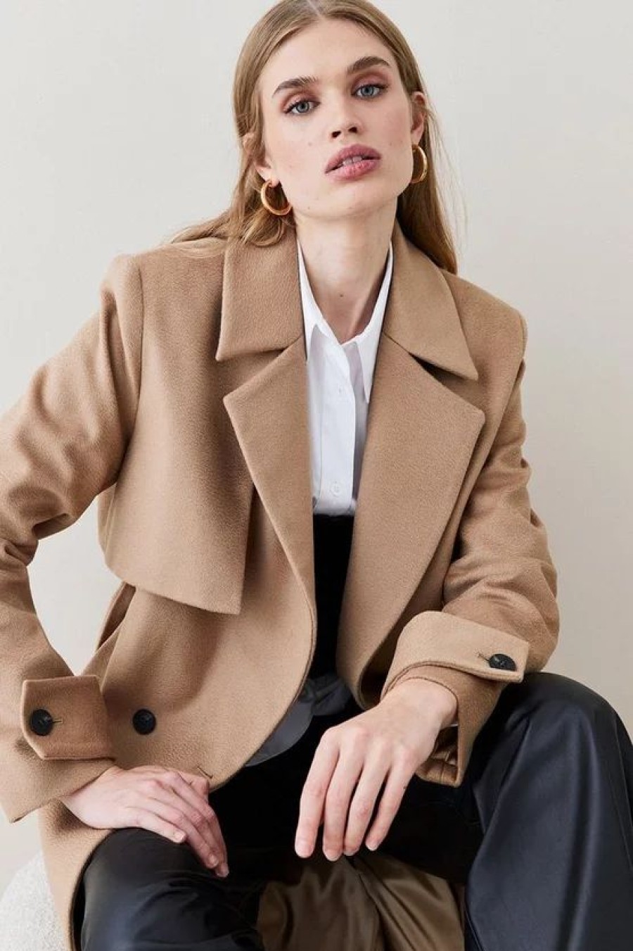 Hot * Best Pirce Karen Millen Petite Italian Luxurious Textured Wool Luxe Belted Trench Coat Camel