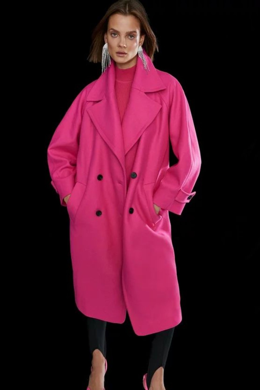 Best * Discount Karen Millen Italian Virgin Wool Rounded Shoulder Double Breasted Coat Pink