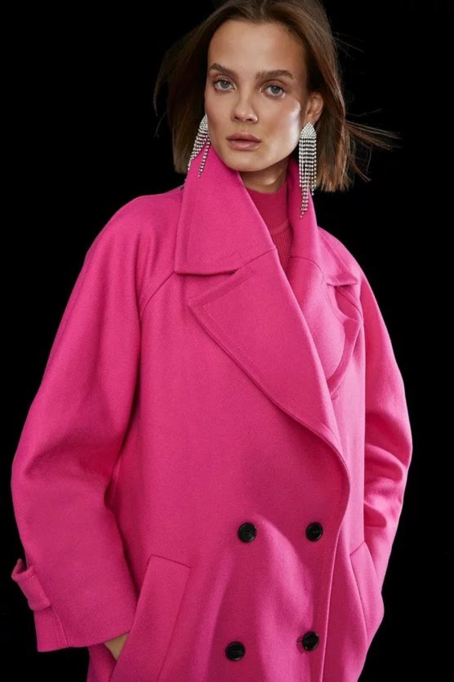 Best * Discount Karen Millen Italian Virgin Wool Rounded Shoulder Double Breasted Coat Pink