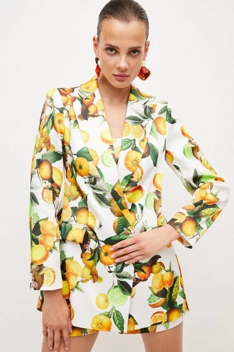 Hot * Promo Karen Millen Italian Structured Satin Citrus Print Double Breasted Jacket Multi