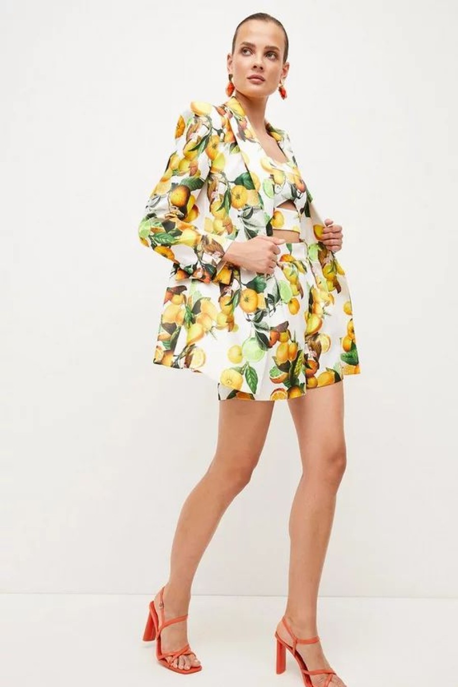 Hot * Promo Karen Millen Italian Structured Satin Citrus Print Double Breasted Jacket Multi