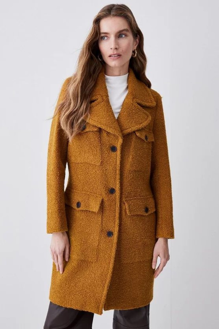 Best * Discount Karen Millen Boucle Pocket Detail Collared Coat Mustard