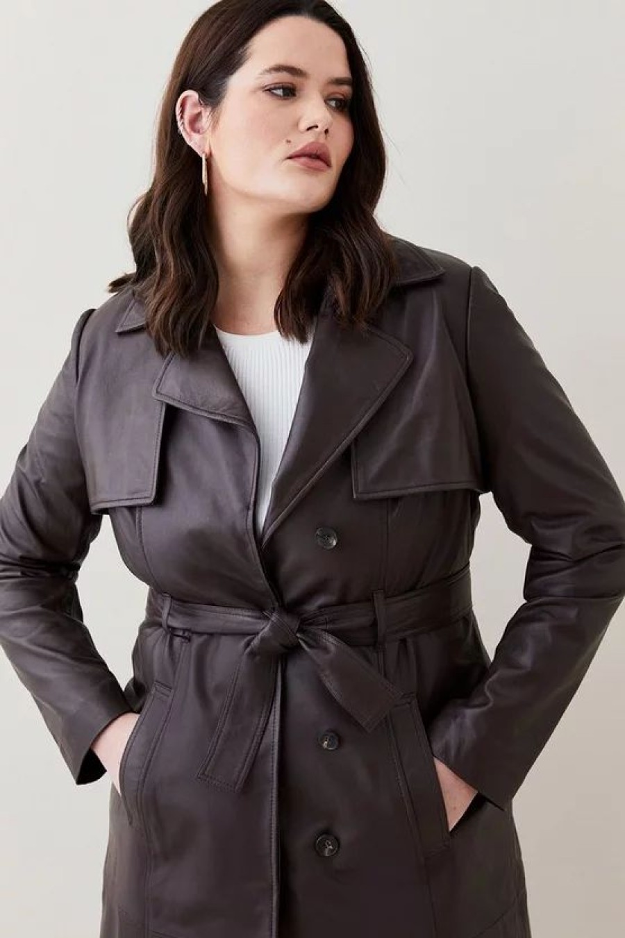 New * Brand New Karen Millen Plus Size Leather Tie Belt Trench Coat Chocolate