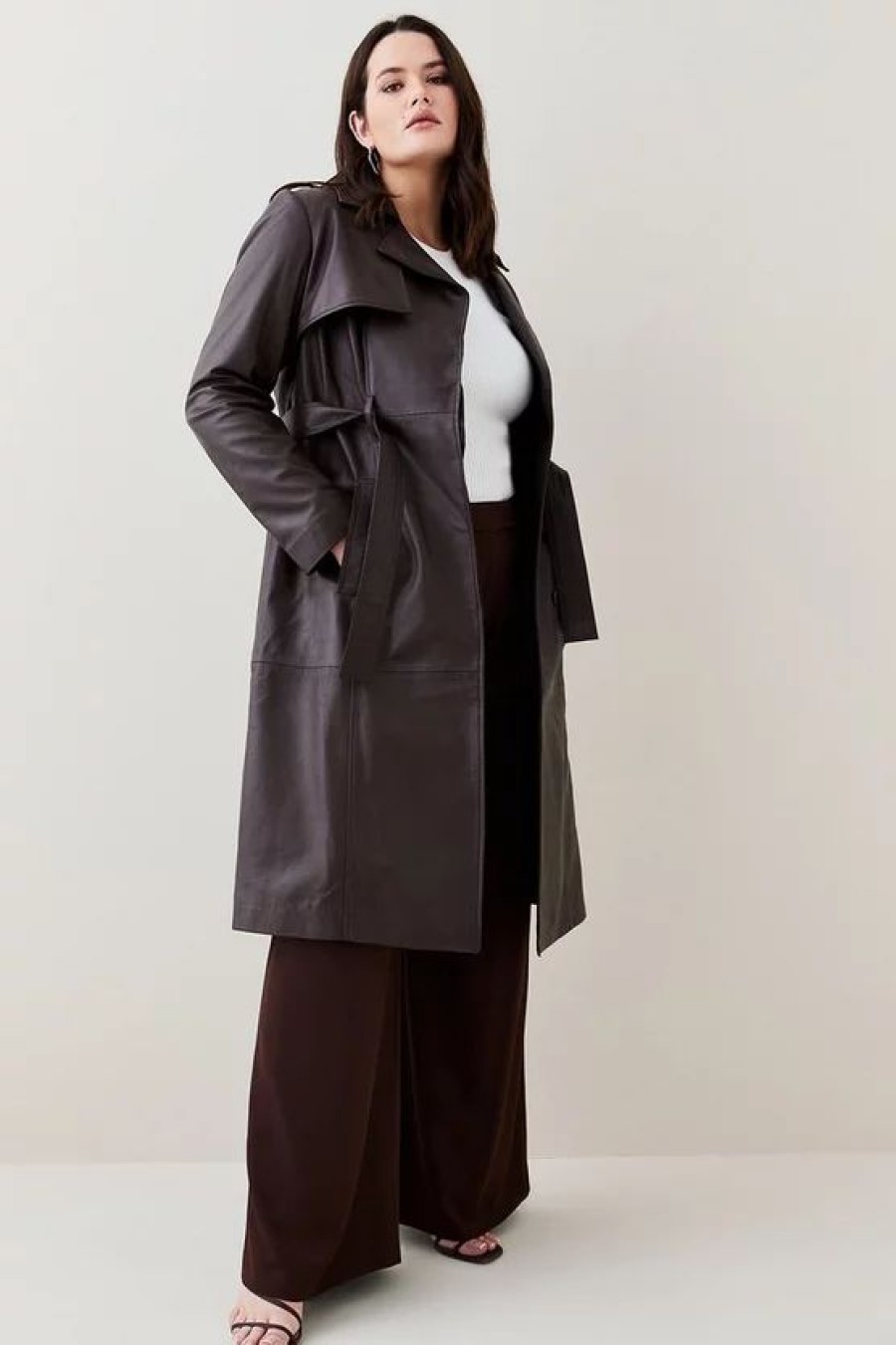 New * Brand New Karen Millen Plus Size Leather Tie Belt Trench Coat Chocolate