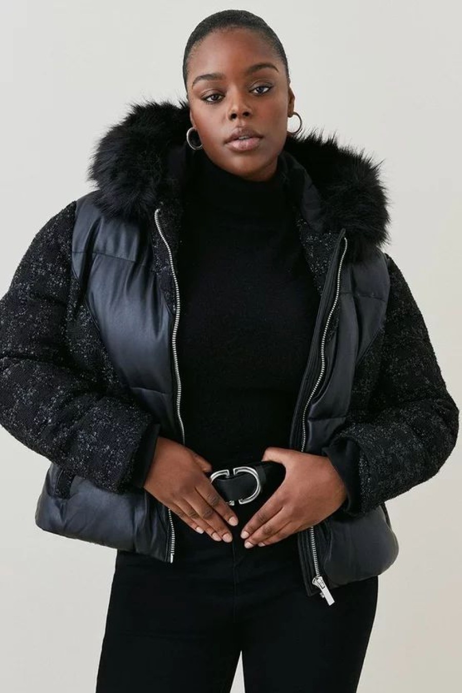 Online * Discount Karen Millen Plus Size Contrast Pu Boucle Puffer Jacket Black