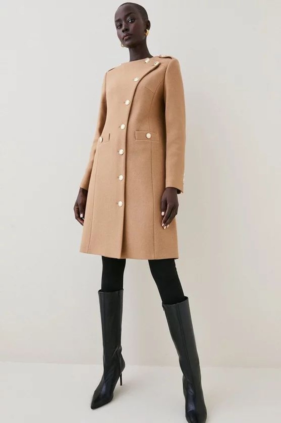 Best * New Karen Millen Italian Virgin Wool Button Up Midi Coat Camel