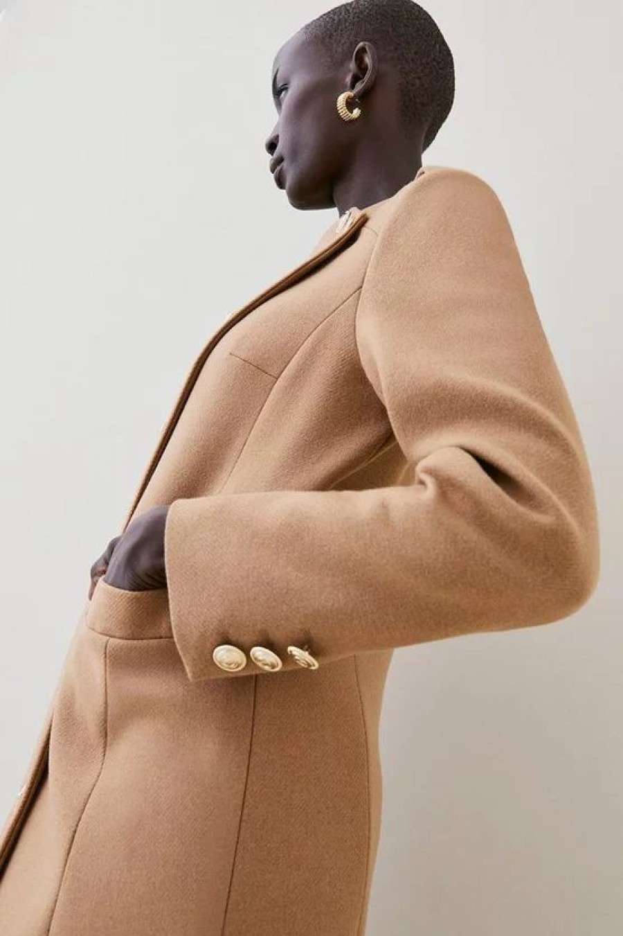 Best * New Karen Millen Italian Virgin Wool Button Up Midi Coat Camel