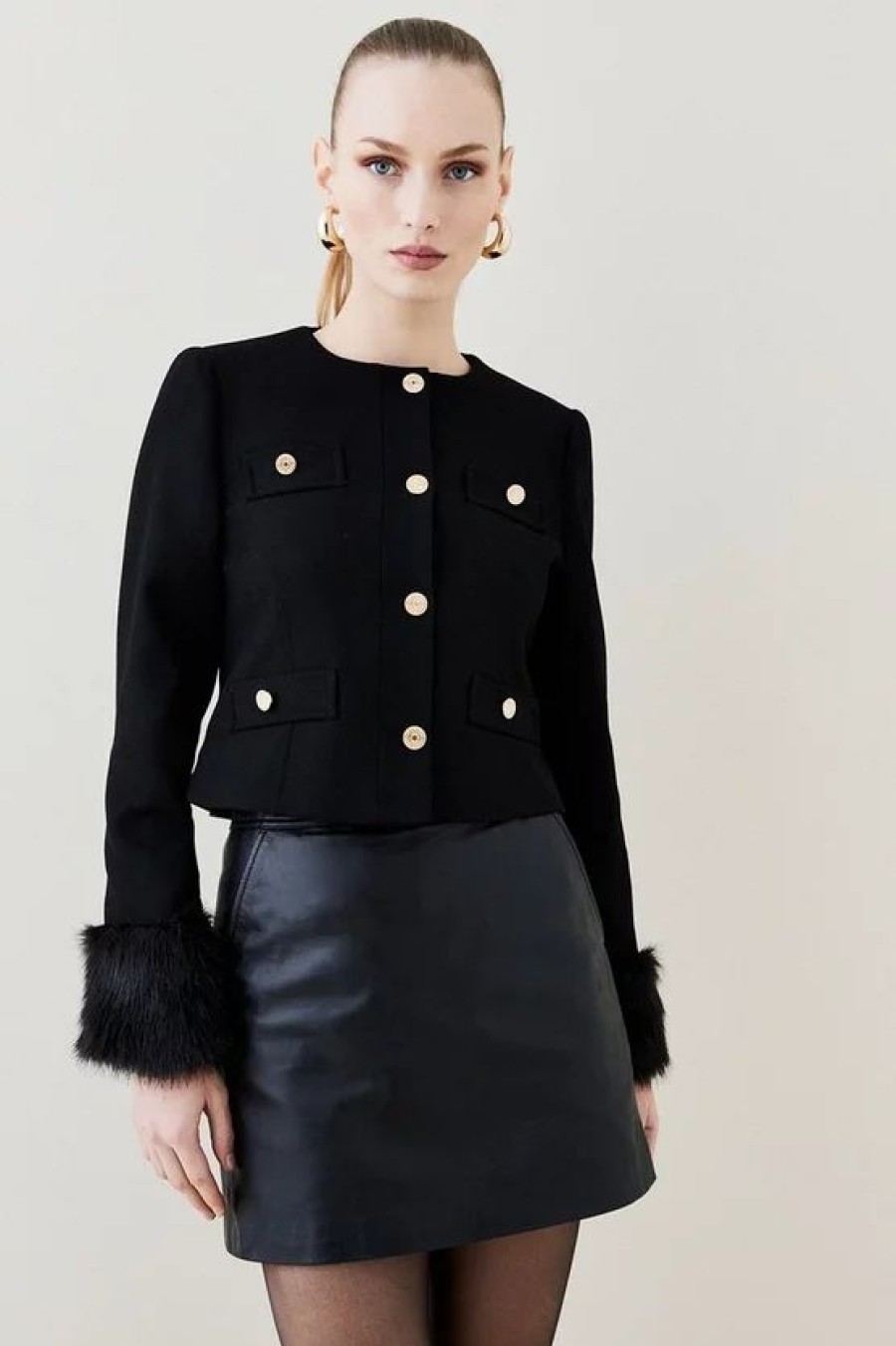 Wholesale * Flash Sale Karen Millen Italian Virgin Wool Faux Fur Cuff Short Coat Black