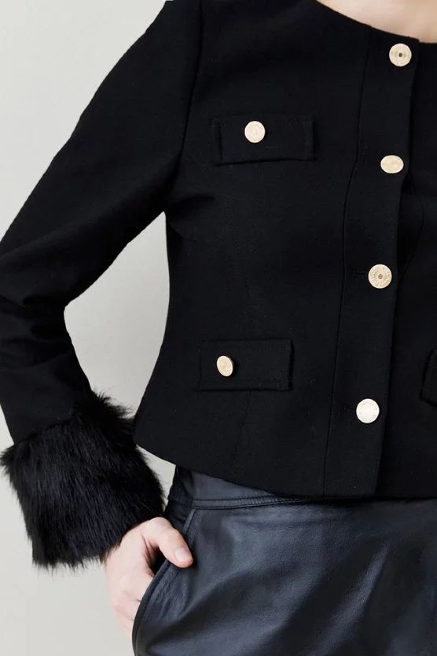 Wholesale * Flash Sale Karen Millen Italian Virgin Wool Faux Fur Cuff Short Coat Black