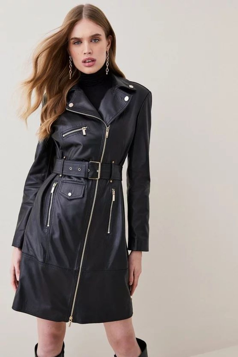 Clearance * Hot Sale Karen Millen Leather Zip Side Biker Trench Coat Black