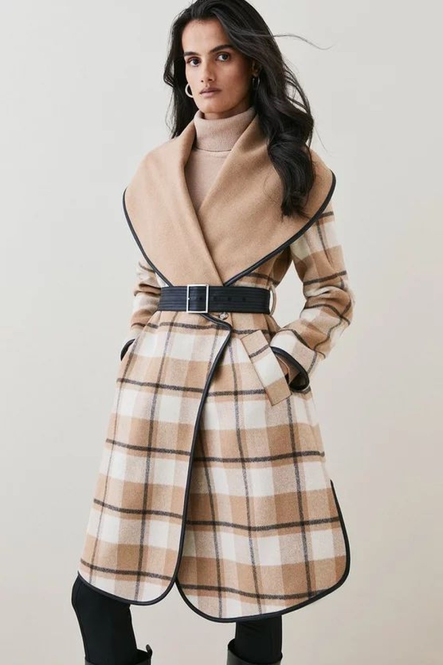 Online * Deals Karen Millen Italian Wool Cashmere Check Belted Waterfall Coat