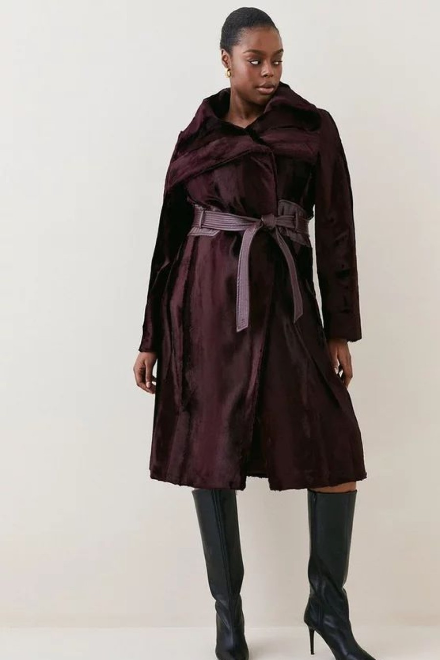 Best * Cheapest Karen Millen Plus Size Signature Ponyskin Belted Wrap Coat Fig