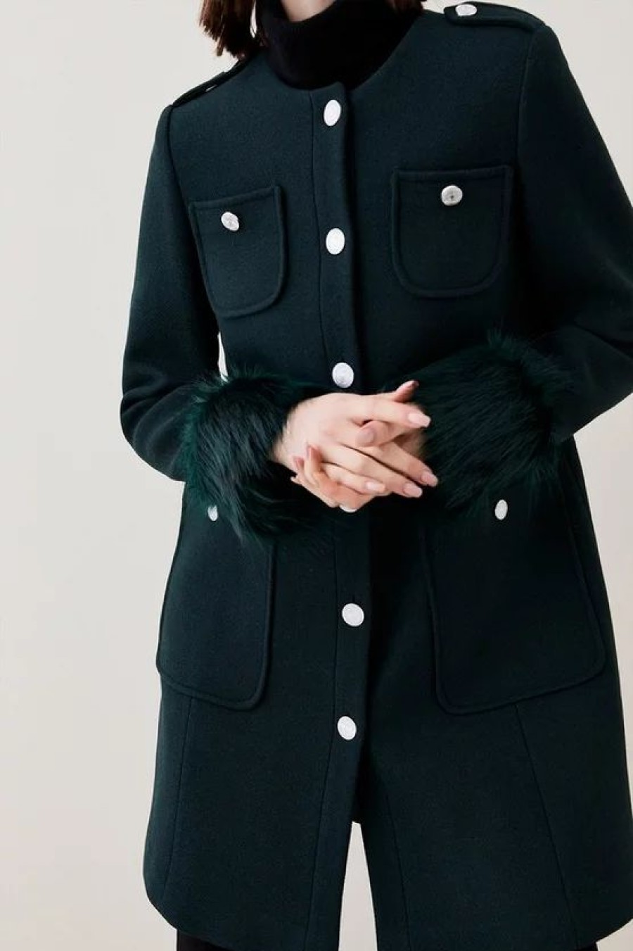 Online * New Karen Millen Italian Wool Faux Fur Cuff Midi Coat Forest