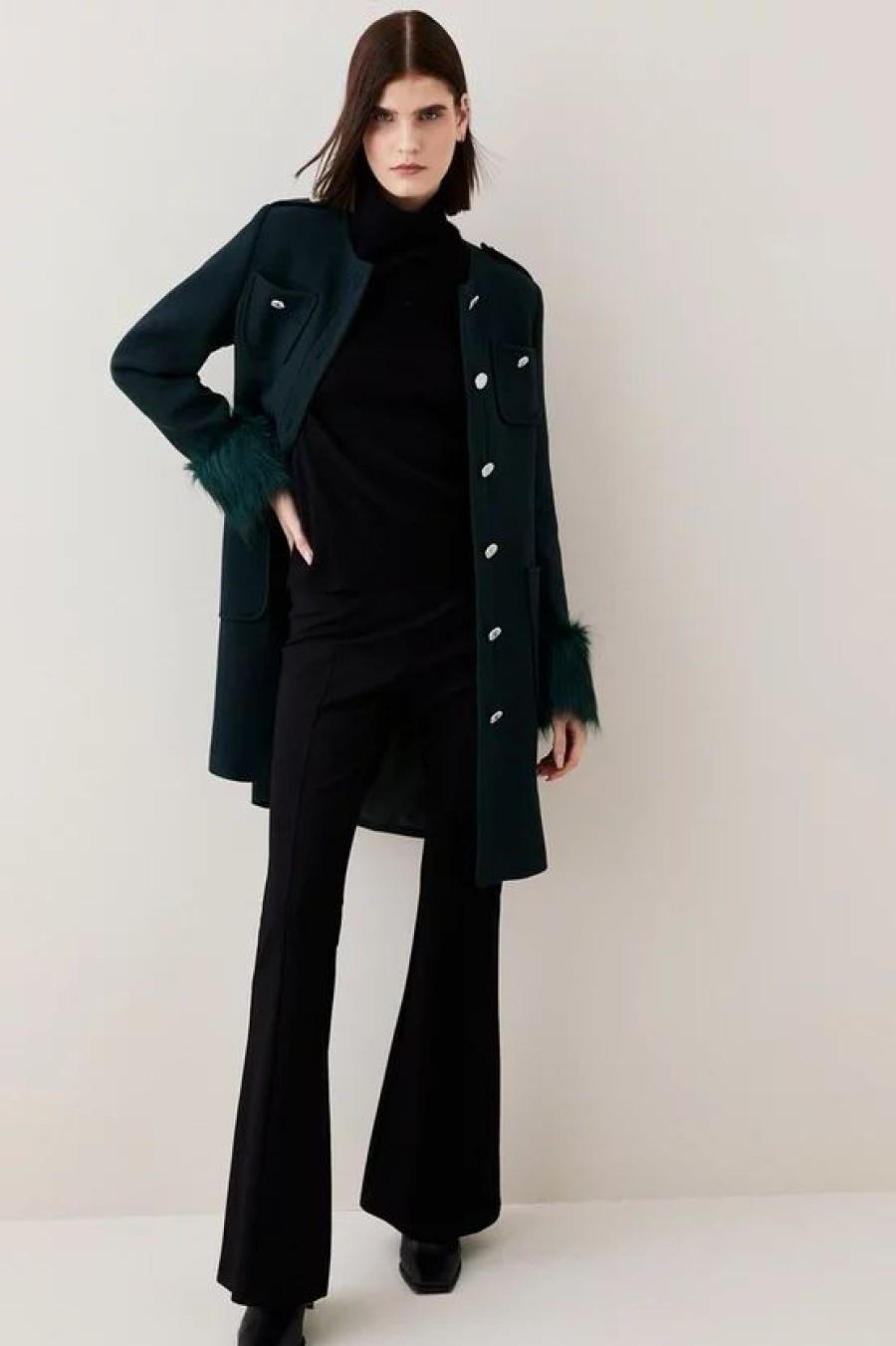 Online * New Karen Millen Italian Wool Faux Fur Cuff Midi Coat Forest