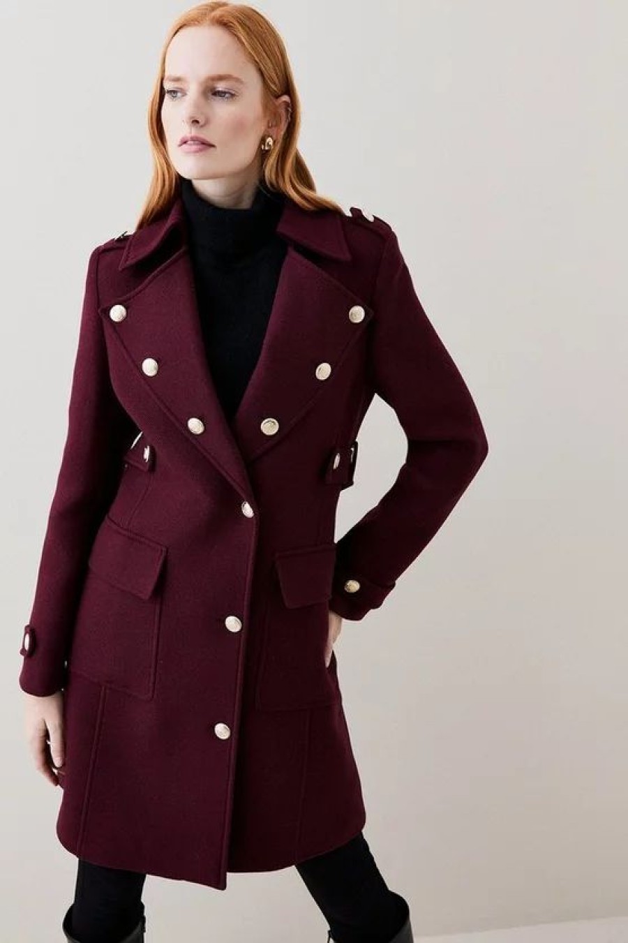 Wholesale * Top 10 Karen Millen Italian Wool Military Button Midi Coat Fig