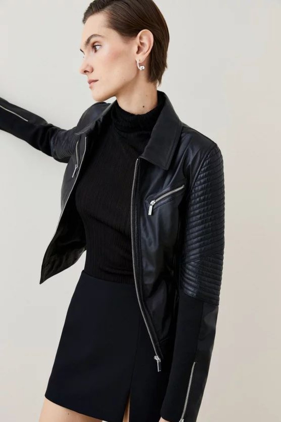 Online * Best Sale Karen Millen Leather And Ponte Biker Jacket