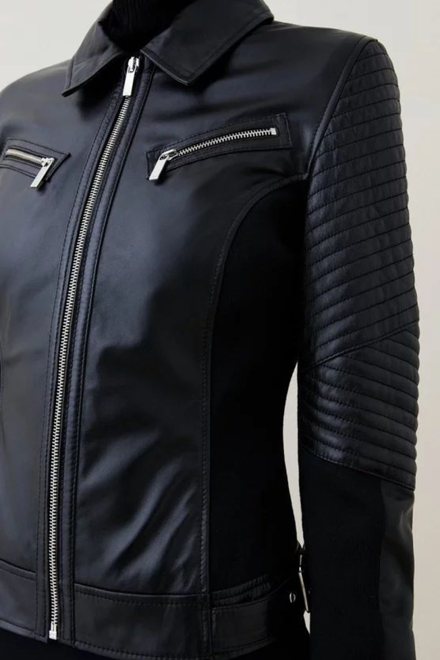 Online * Best Sale Karen Millen Leather And Ponte Biker Jacket