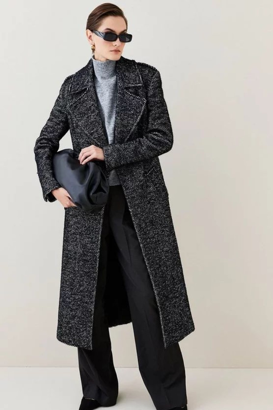 Best * Best Pirce Karen Millen Italian Herringbone Wool Belted Trench Coat