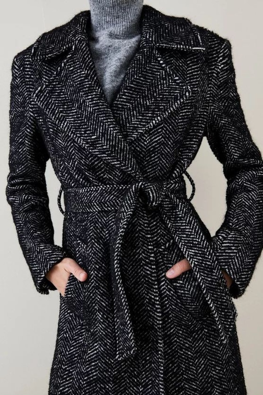 Best * Best Pirce Karen Millen Italian Herringbone Wool Belted Trench Coat