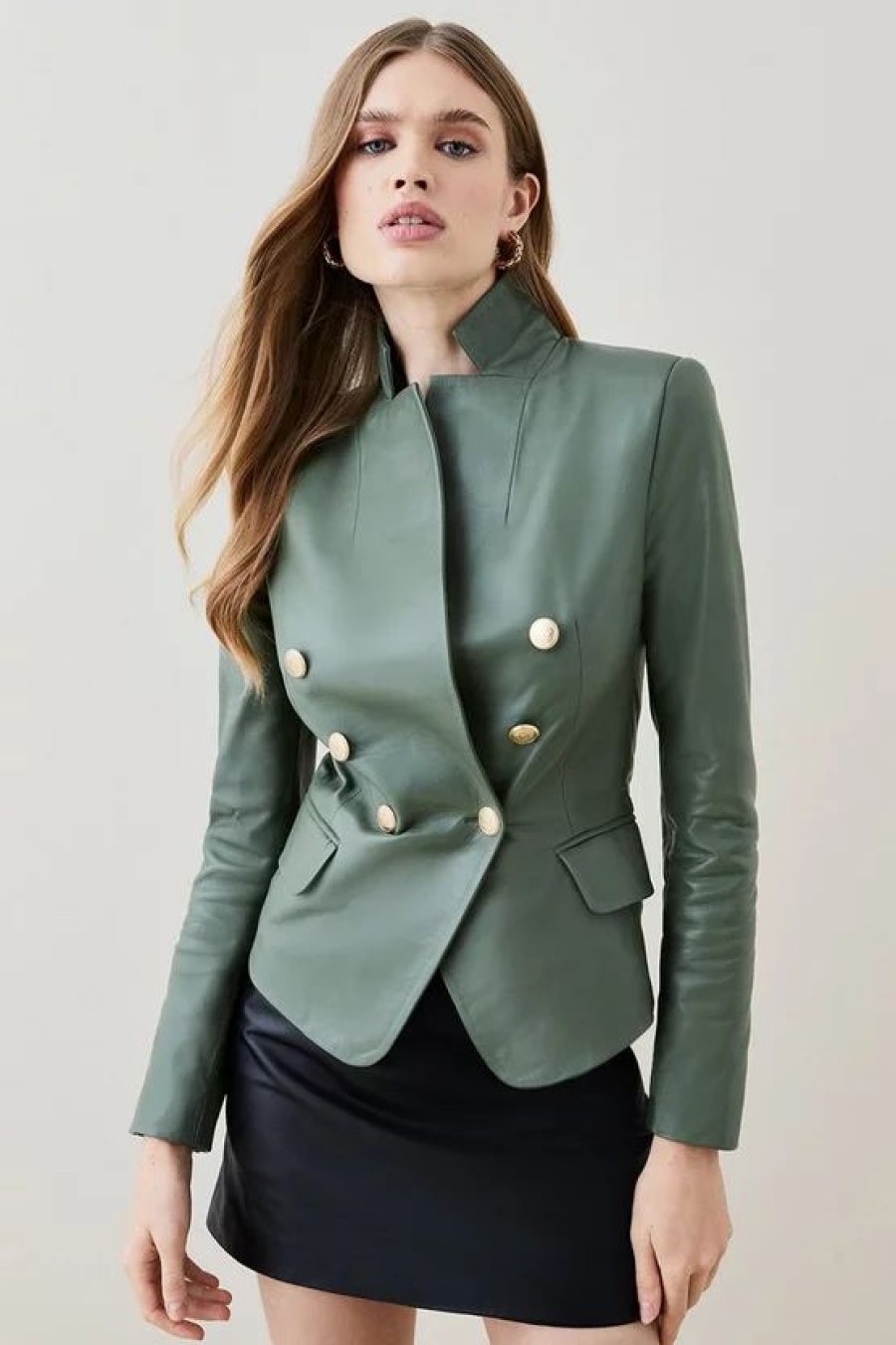 Clearance * Outlet Karen Millen Leather Notch Neck Military Blazer