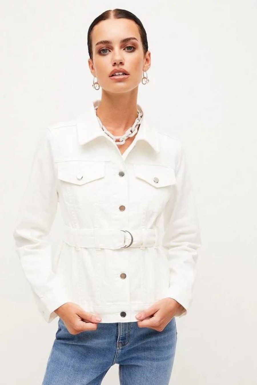 Clearance * Top 10 Karen Millen Petite Belted Denim Western Jacket Ivory