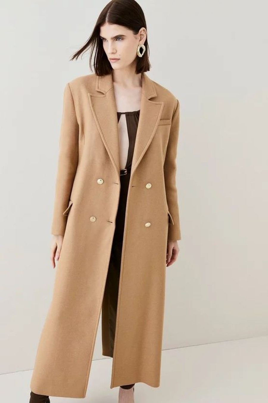 New * Outlet Karen Millen Italian Virgin Wool Maxi Oversized Coat Camel