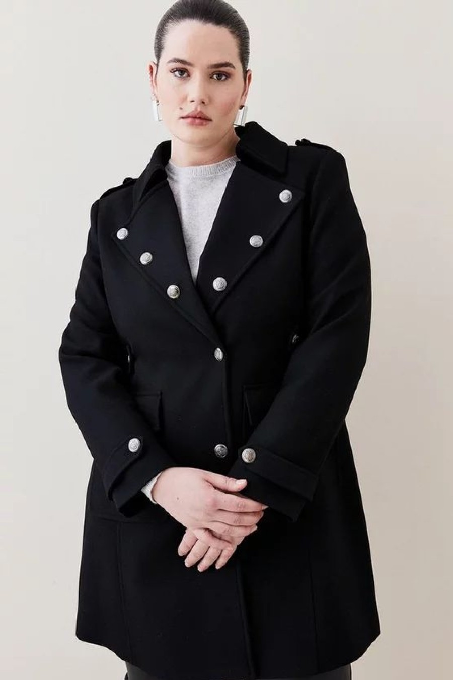 Best * Cheap Karen Millen Plus Size Italian Virgin Wool Double Military Midi Coat Black