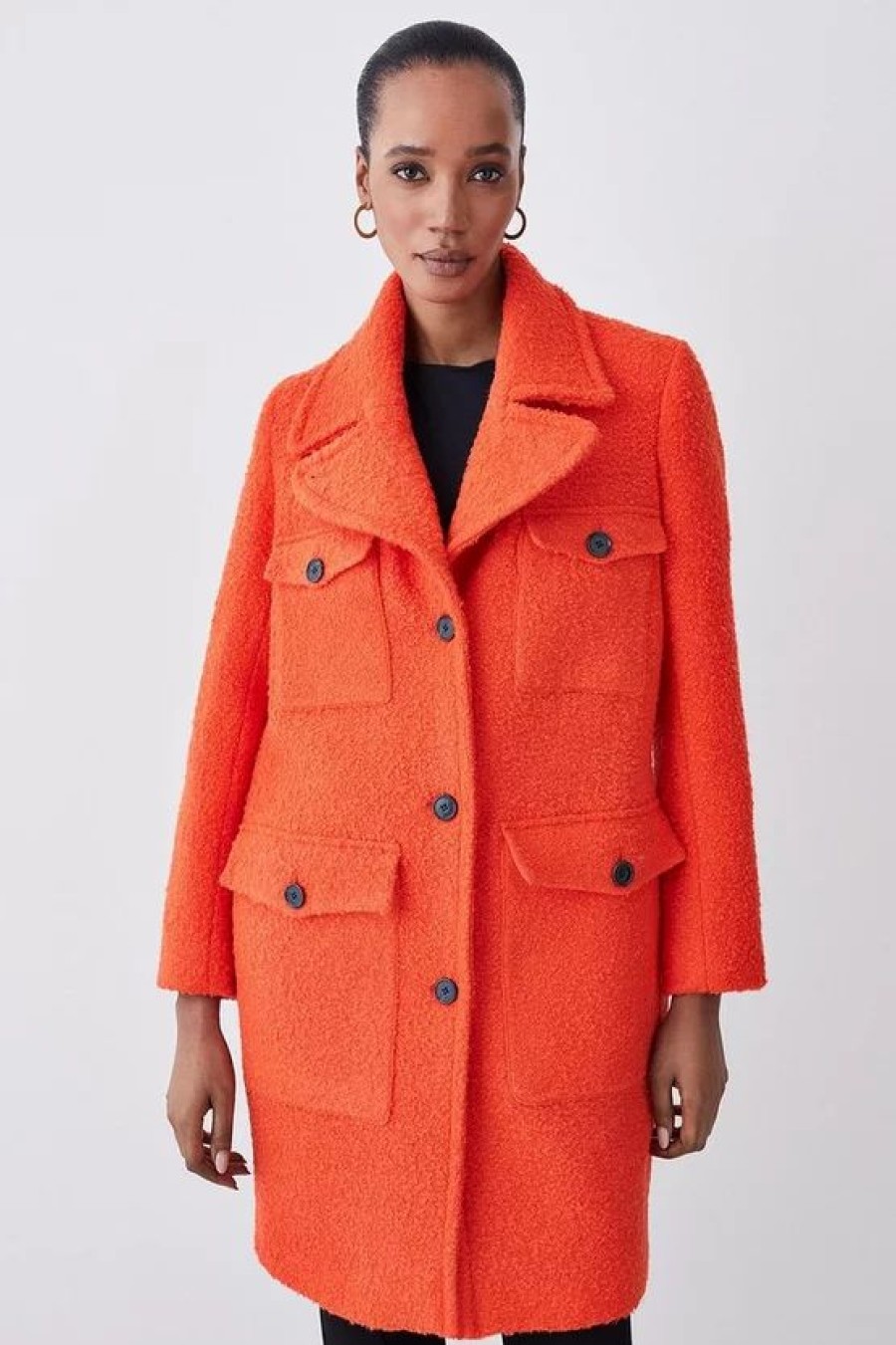 Wholesale * Best Deal Karen Millen Boucle Pocket Detail Textured Collared Coat Orange