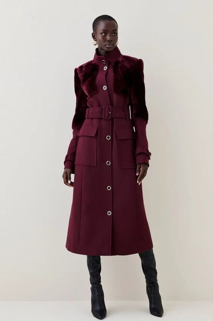 Clearance * Hot Sale Karen Millen Tall Italian Wool Shearling Mix Panel Longline Coat Fig